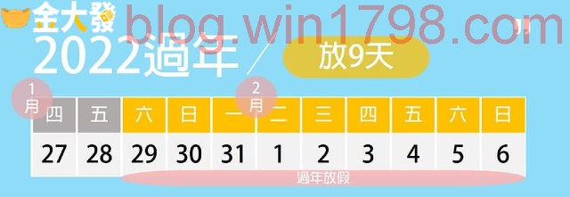 過年連假日期2022:1/29(六)-2/6(日)，一共放9天假!